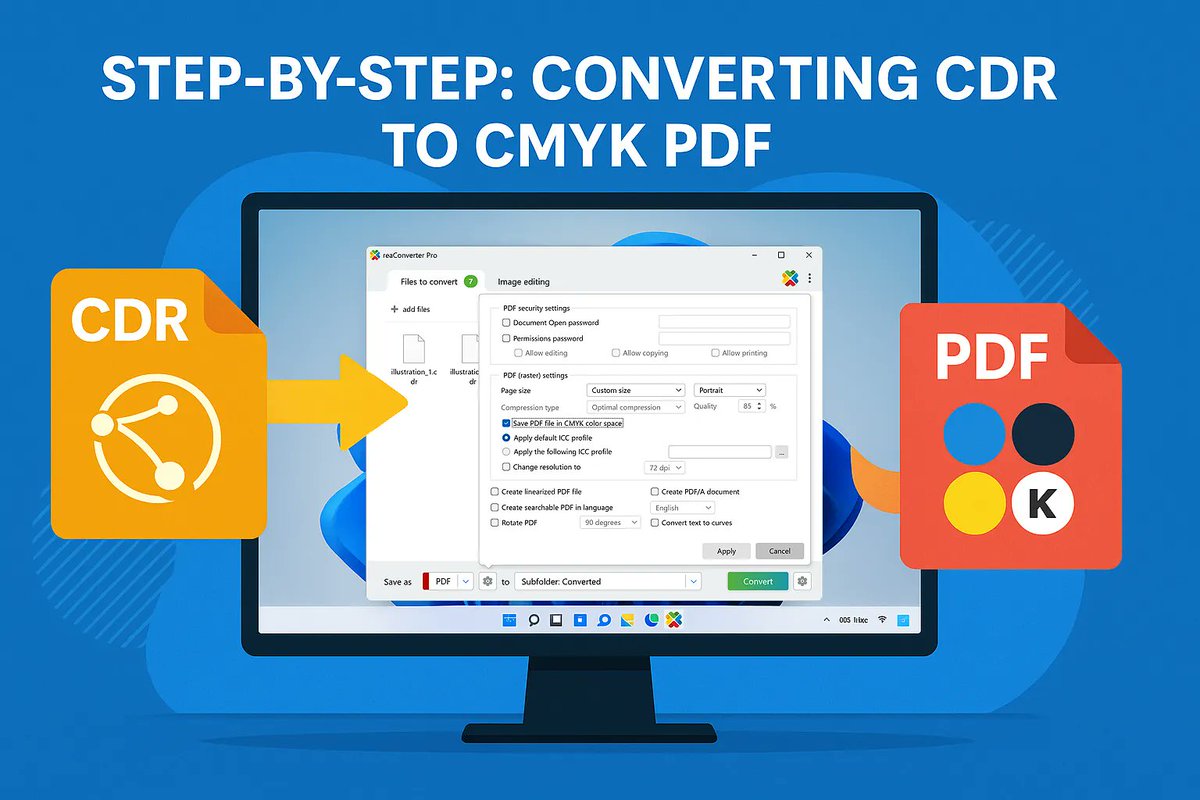 Need to convert CorelDRAW (.CDR) files to CMYK PDF — without installing CorelDRAW?
✅ Press-ready PDFs
✅ Batch conversion
✅ CMYK color space
✅ Fully offline
📖 Step-by-step:
👉 howto.reaconverter.com/how-to-convert…
#CDR #PDF #CMYK #reaConverter #PrintDesign #CorelDRAW #Prepress