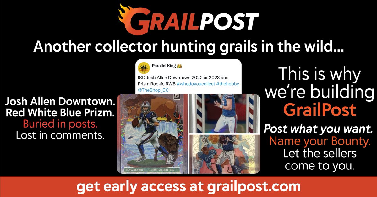 Another collector in the wild hunting grails…
Josh Allen Downtown. Red White Blue Prizm.
Posts like this get buried.
We’re building @GrailPost so buyers like this get seen.
 Post your Grail. Name your Bounty. Let sellers come to you.
🔥 Join early: grailpost.com