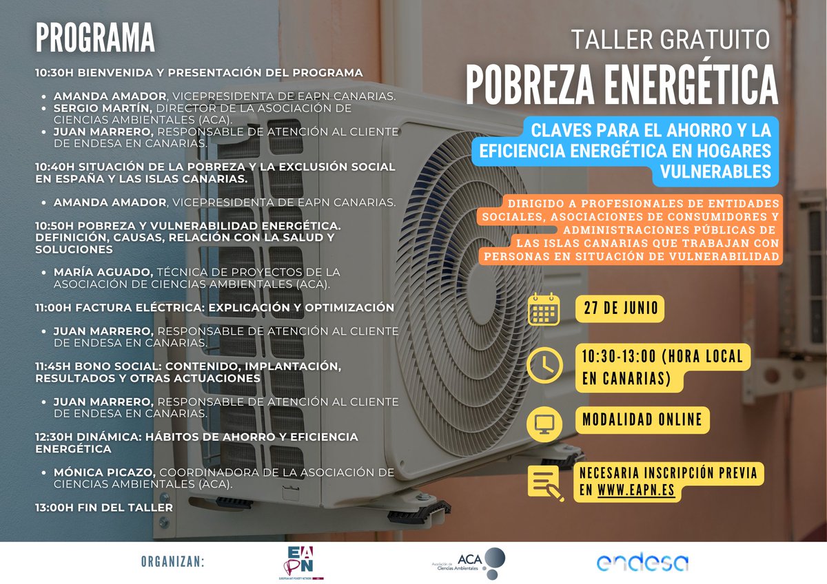 ❓¿Eres de las #IslasCanarias?, ¿Trabajas con familias en situación de vulnerabilidad? ¡Inscríbete en la formación gratuita sobre #pobrezaenergética de mañana!
📆27/06
🕘10:30 - 13:00 hrs (hora local) 
🖥️Modalidad online
docs.google.com/forms/d/e/1FAI…