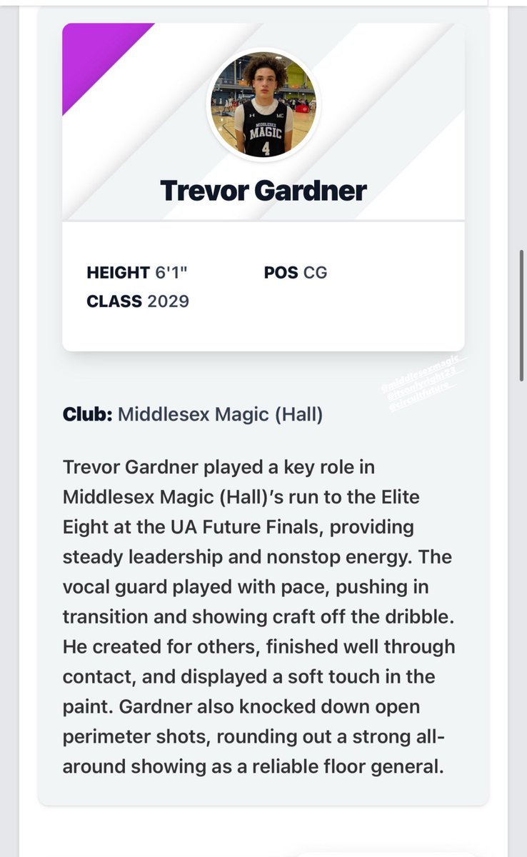 Trevor Gardner (@trevorgard87299) on Twitter photo Appreciate the love from @prephoopsnext after a great weekend at the UA Future Finals 🙏
@middlesexmagic @xbhsbball 💪
Big thanks to my coach <a href="/coachjoshwa23/">coach Josh</a> and all my teammates for always pushing me to get better every day.
Class of 2029 | 6’1” CG
#PrepHoops #UAFutureFinals Appreciate the love from @prephoopsnext after a great weekend at the UA Future Finals 🙏
@middlesexmagic @xbhsbball 💪
Big thanks to my coach <a href="/coachjoshwa23/">coach Josh</a> and all my teammates for always pushing me to get better every day.
Class of 2029 | 6’1” CG
#PrepHoops #UAFutureFinals