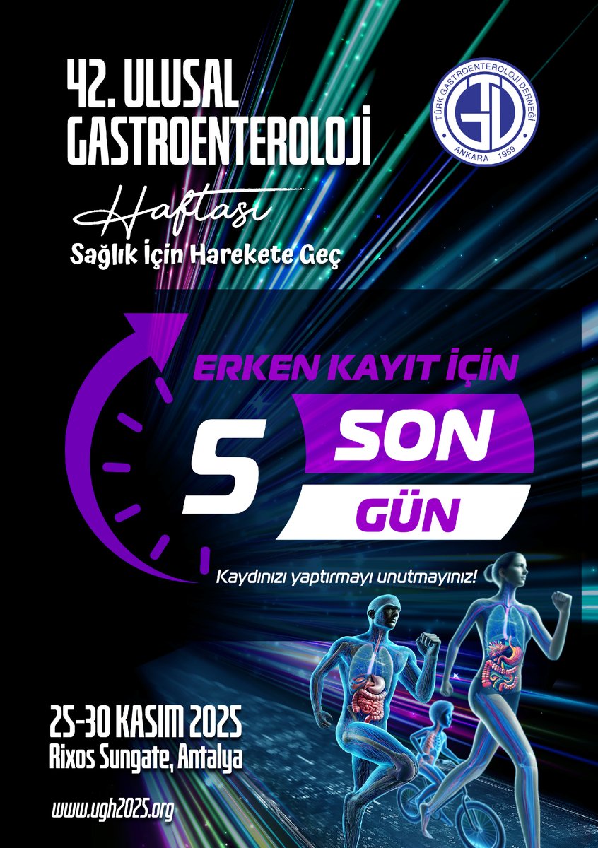 📣 Erken Kayıt İçin Son 5 Gün!
📅 1 Temmuz 2025
 Kayıt yaptırmayı unutmayınız!

42. Ulusal Gastroenteroloji Haftası

📍 Rixos Sungate, Antalya
📅 25–30 Kasım 2025
🎯 Temamız: “Sağlık İçin Harekete Geç”

Detaylar için: ugh2025.org