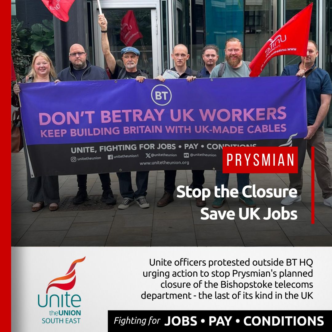 unite_southeast's tweet image. 📣 @unitetheunion SE Regional Officers rallied outside @BTGroup HQ today calling for urgent action to stop the closure of Prysmian's Bishopstoke telecoms dept. - the last of its kind in the UK.
🚨 BT must act now - as @prysmian_’s major client, it has the power to stop this.
