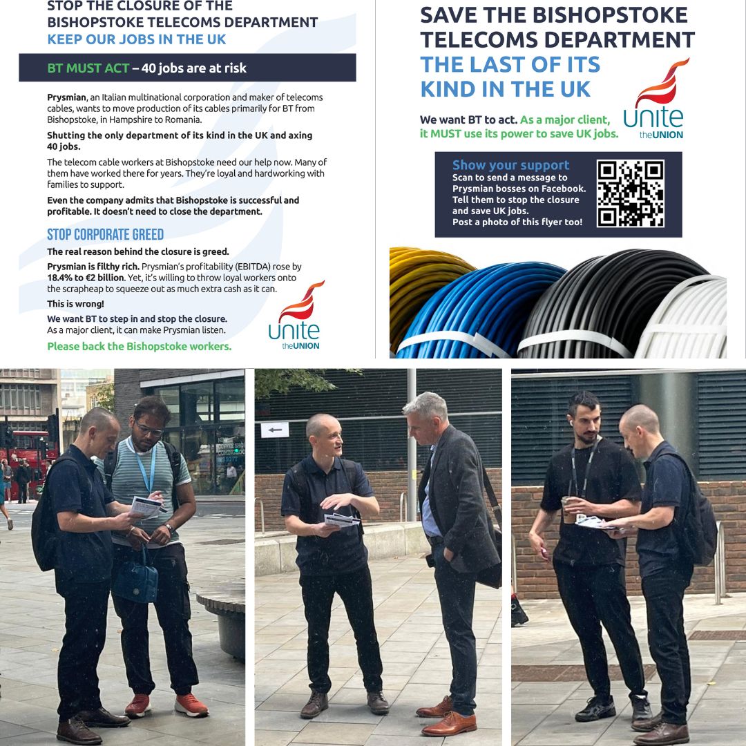 unite_southeast's tweet image. 📣 @unitetheunion SE Regional Officers rallied outside @BTGroup HQ today calling for urgent action to stop the closure of Prysmian's Bishopstoke telecoms dept. - the last of its kind in the UK.
🚨 BT must act now - as @prysmian_’s major client, it has the power to stop this.