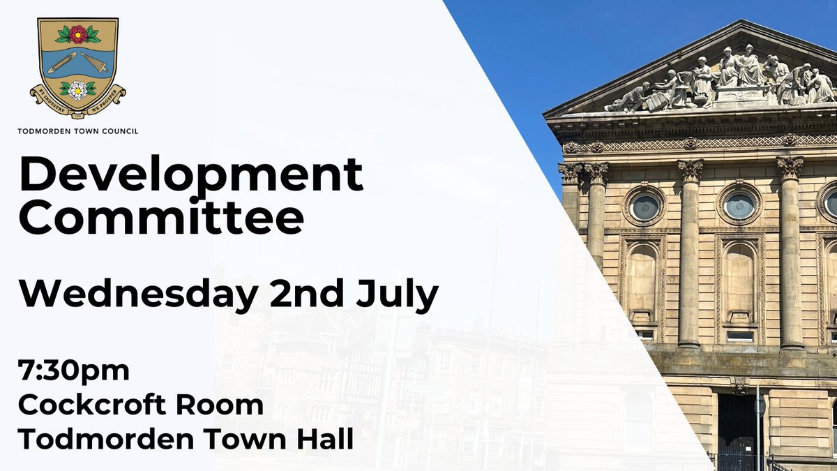The next Development Committee meeting will take place on Wednesday 2nd July.
Find the agenda and supporting papers on our website via this link --&gt; todmorden-tc.gov.uk/event/developm…