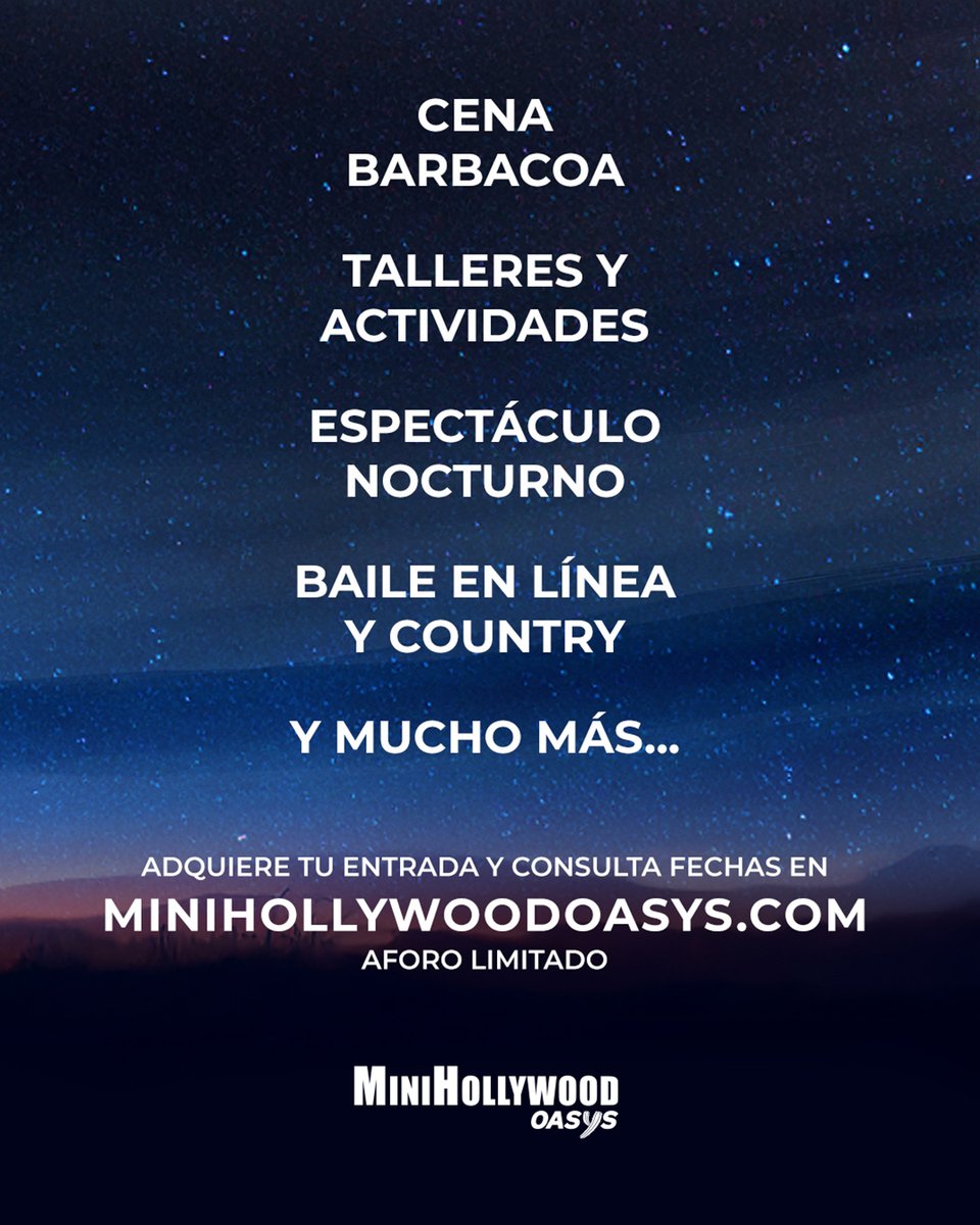 🌙 Vuelven las Noches en el Desierto de MiniHollywood Oasys.
Cena BBQ + espectáculo + estrellas = planazo en Tabernas.📅 Primera fecha: 4 de julio
🎟️ Entradas: minihollywoodoasys.com/noche-del-desi…
