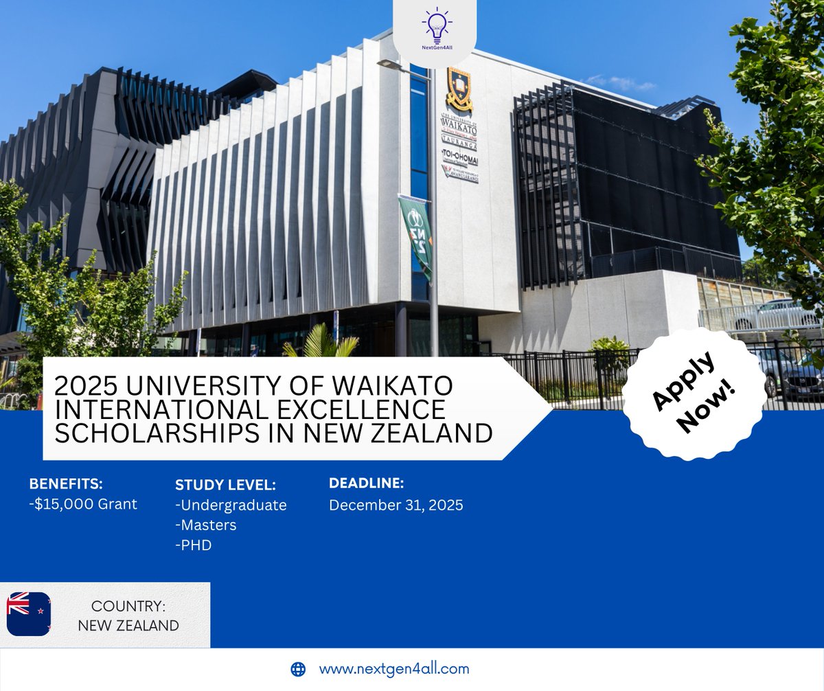 nextgen4all's tweet photo. 🚨 Fully Funded in 🇳🇿
🎓 University of Waikato International Excellence Scholarships 2025
💰 $15,000 Grant
📚 Undergraduate, Masters, PhD | 🌍 All Countries
📅 Deadline: Dec 31, 2025
🔗 https://t.co/kfbMz7xMiM
#NextGen4All #Scholarships2025 #WaikatoUniversity #FullyFunded #StudyInNZ