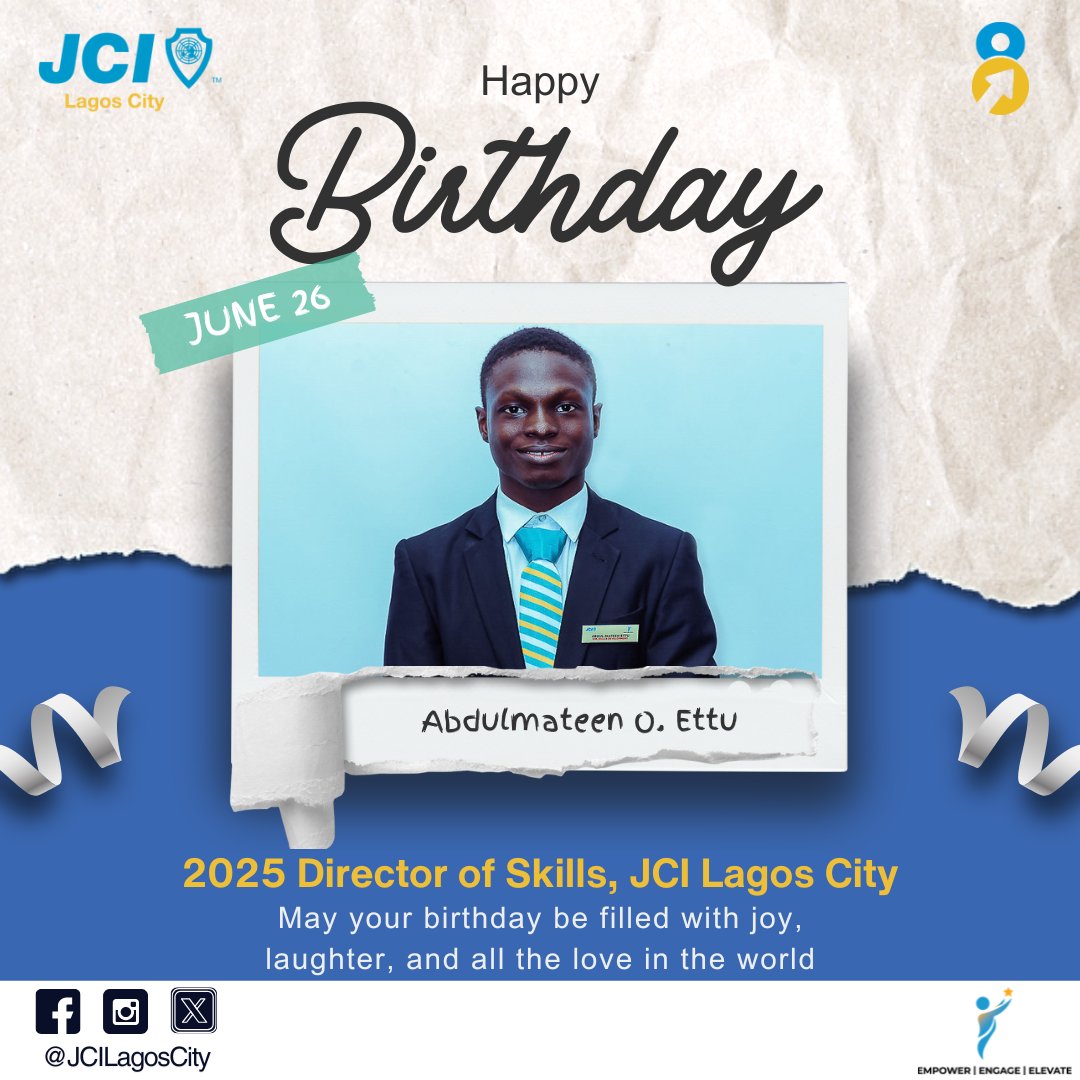 🎉Happy Birthday, Abdulmateen O. Ettu!🎉

Our vibrant 2025 Director of Skills, JCI Lagos City, today we celebrate you as a young, driven changemaker dedicated to capacity building and continuous growth within our community.

May your new year be filled with wisdom &amp; fulfillment!