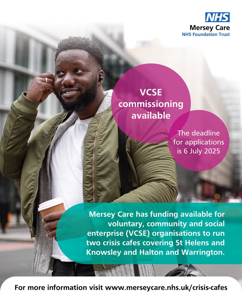 Help us create safe spaces for people in mental health crisis 🤗

We're commissioning voluntary, community and social enterprises to run two brand new Crisis Cafés in St Helens, Knowsley, Halton and Warrington 💙

Join us in making a difference 👇🏽

merseycare.nhs.uk/crisis-cafes
