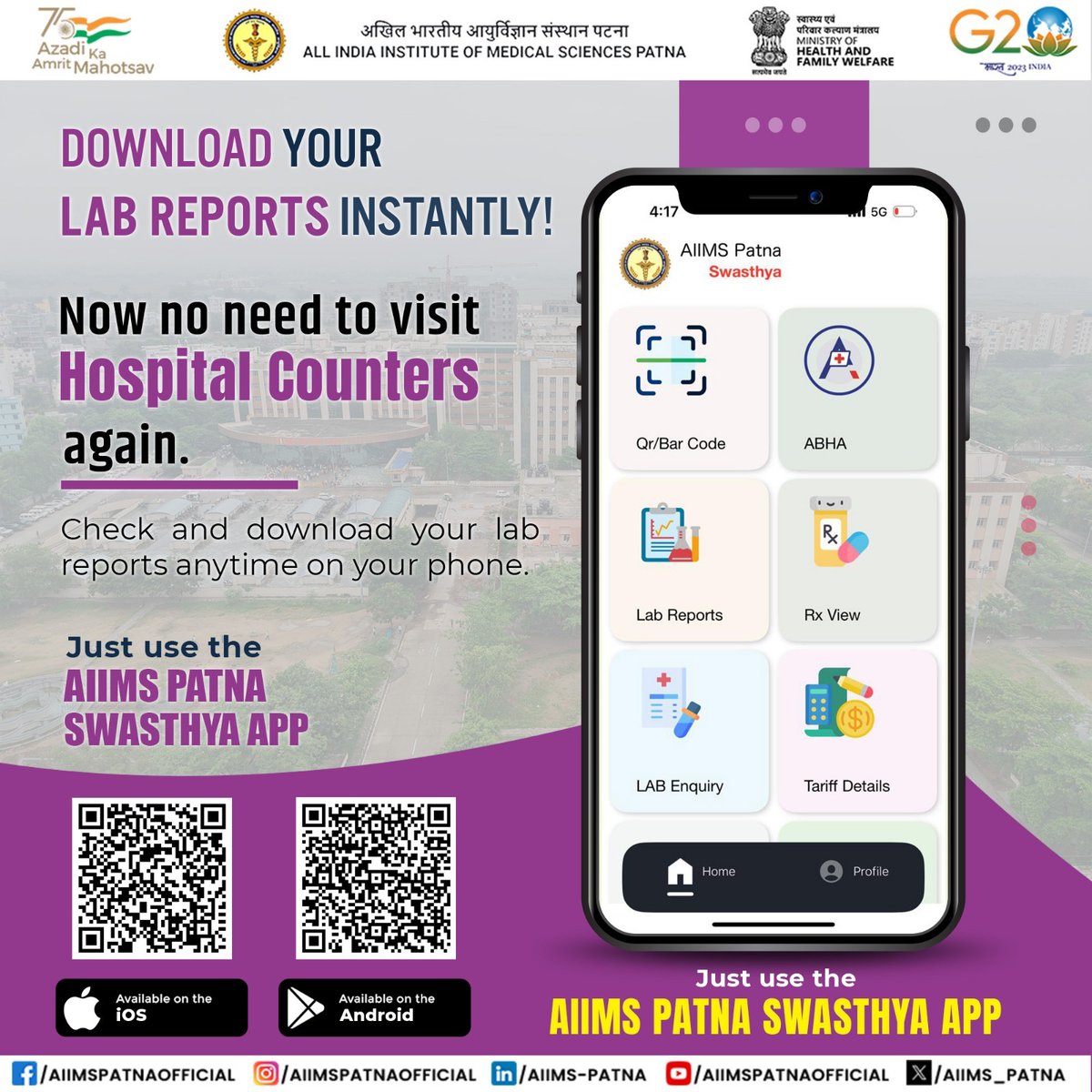 Skip the Queue, Get Reports Instantly!

No more waiting at hospital counters.

Access and DOWNLOAD your LAB REPORTS anytime, anywhere—right from your phone.

📲 Use the AIIMS Patna Swasthya App
Available on Android &amp; iOS

Scan the QR Code and get started in seconds!