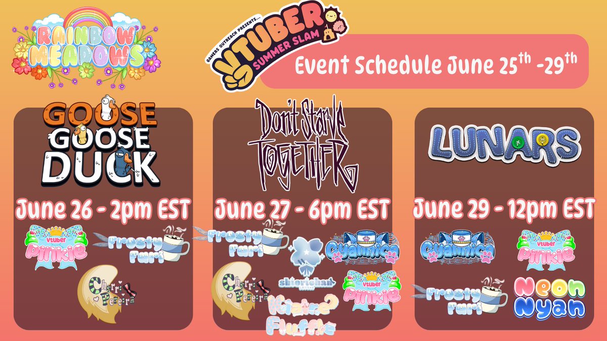 RainbowMeadows | Vtuber Group (@rainbowmeadowvt) on Twitter photo Rainbow Meadows is partnering with <a href="/GamersOutreach/">Gamers Outreach</a> for the VTuber Summer Slam!!!
If you would like to see lots of cute and wholesome energy, stop by one our collabs listed below!! Rainbow Meadows is partnering with <a href="/GamersOutreach/">Gamers Outreach</a> for the VTuber Summer Slam!!!
If you would like to see lots of cute and wholesome energy, stop by one our collabs listed below!!