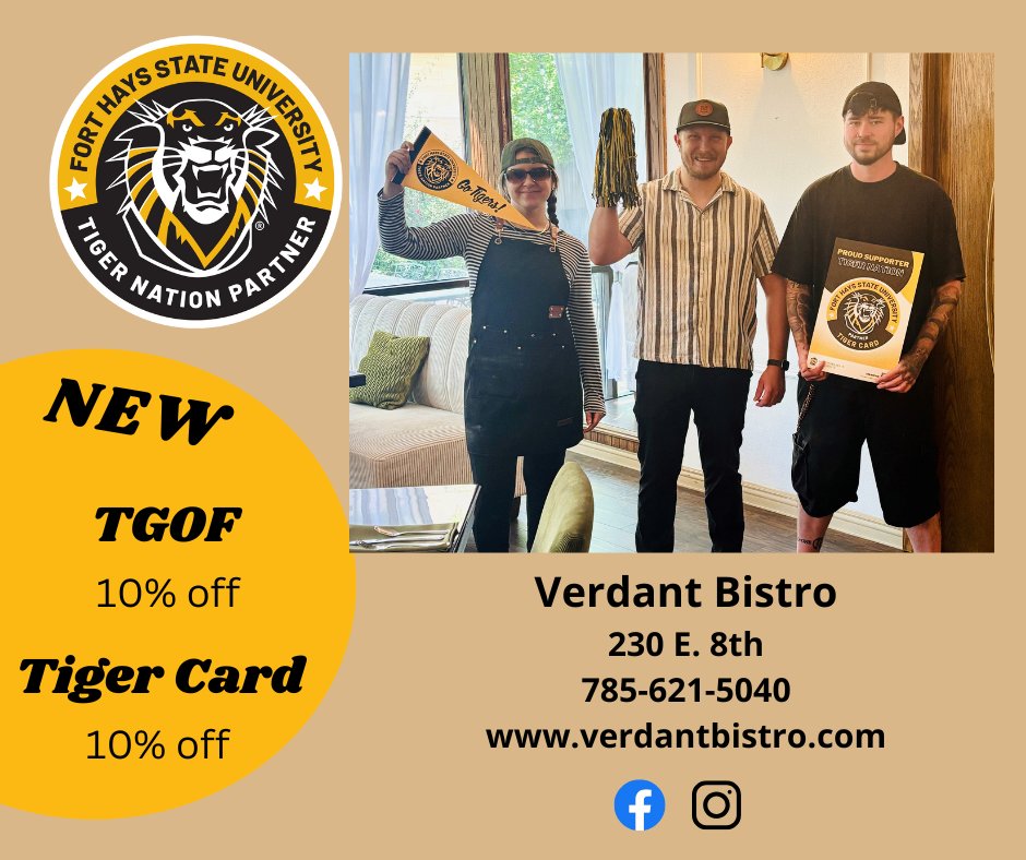 We’re excited to welcome Verdant Bistro as our newest Tiger Nation Partner!

Serving up fresh, flavorful eats and strong Tiger spirit, Verdant Bistro is now officially part of the pride. Be sure to stop by and support a local business that supports YOU!