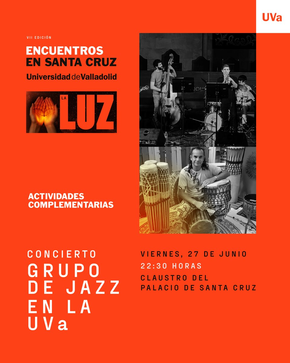 🕯️🎷 #VIIEncuentrosEnSantaCruz

¡Entradas online agotadas para el concierto del Grupo de Jazz de <a href="/UVa_es/">Gabinete de Comunicación Universidad de Valladolid</a> de esta noche!

🎟️ Últimas entradas disponibles 1h antes del concierto, en la taq del Palacio de Sta Cruz. Todas las entradas son sin numerar

<a href="/forodelacultura/">Foro de la Cultura</a> #Valladolid