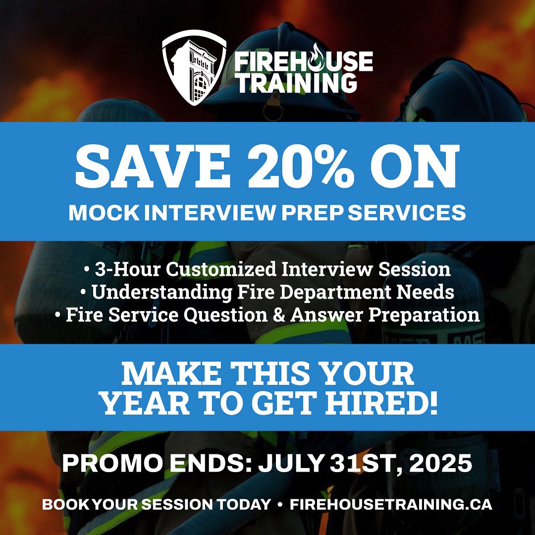 FirehouseTrain1's tweet photo. 🚨 Have YOU taken advantage of our Interview Prep Special yet? Get 20% OFF all Firehouse Training Mock Interview Prep Services for June & July – but act fast, this promo ends July 31st, 2025!🧑🚒🔥
#FirefighterInterviewPrep https://t.co/0FKW809fbq