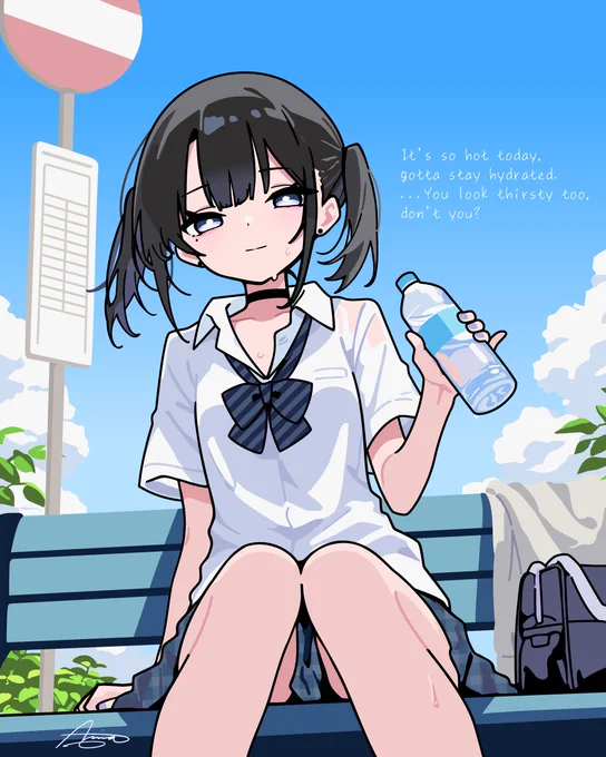 It's so hot today, gotta stay hydrated. look thirsty too, don't you? --- 暑いから水分補給は大切だね。 …君も、のどかわいてない?