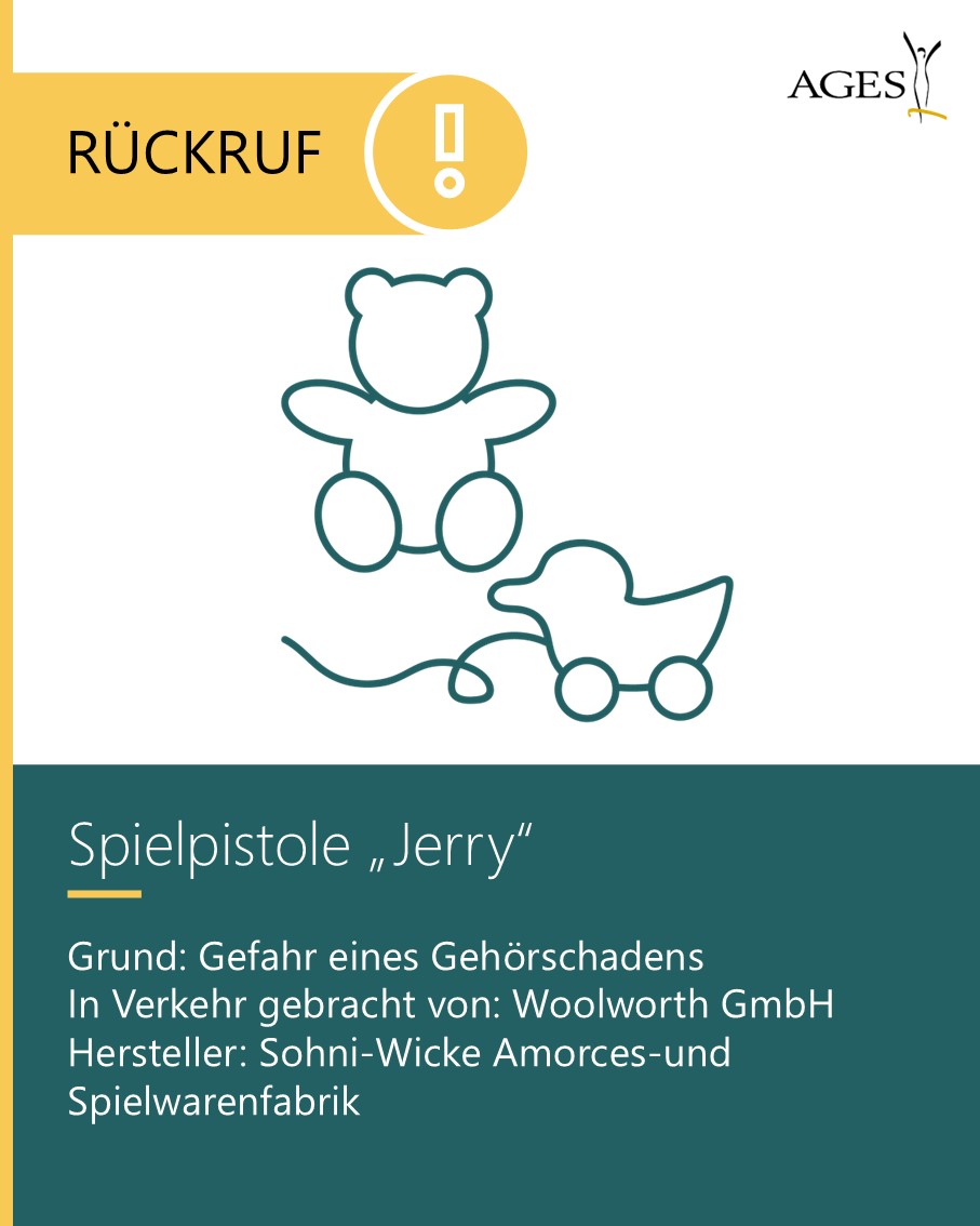 #RÜCKRUF: Die Firma Woolworth GmbH ruft das Produkt "Spielpistole Jerry“ aufgrund der Gefahr eines Gehörschadens zurück.

Mehr Infos: bit.ly/4lnoDnc

#Rückruf #Spielzeug