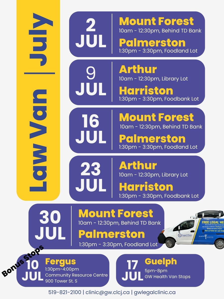 GWLegalClinic's tweet photo. The July #LawVan schedule is now available. Find us in North Wellington & Minto on Wednesdays and at our two bonus stops on July 10th and 17th. As always, if you can't visit the Van contact our office by phone, 519-821-2100, or email, clinic@gw.clcj.ca. https://t.co/486vGYiP2T