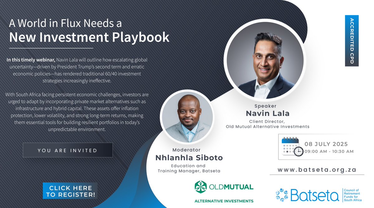 Join us for an insightful webinar with Old Mutual Alternative Investments, where we explore how a rapidly evolving world demands a new investment playbook.

Pre-Reading here: bit.ly/4kXjiDj 

Register here: lnkd.in/dKmdwqvb