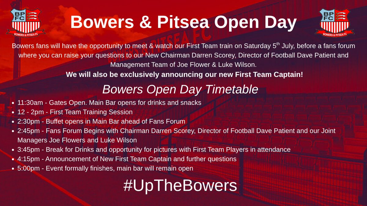 We are pleased to announce our Fans Open Day on Saturday 5th July. We will have an open training session for fans to watch, fans forum, a buffet for all and the exclusive announcement of our new First Team Captain for the 2025/26 season!
See the graphic for all the days events!