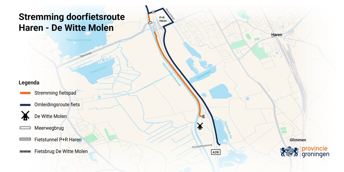 🚲 Het fietspad langs de A28 en het Noord-Willemskanaal tussen de Witte Molen en Haren, onderdeel van de Doorfietsroute Assen - Groningen, is vanaf maandag 30 juni tot en met vrijdag 25 juli en van 18 augustus tot en met 8 september afgesloten. ⤵️ provinciegroningen.nl/actueel/nieuws…