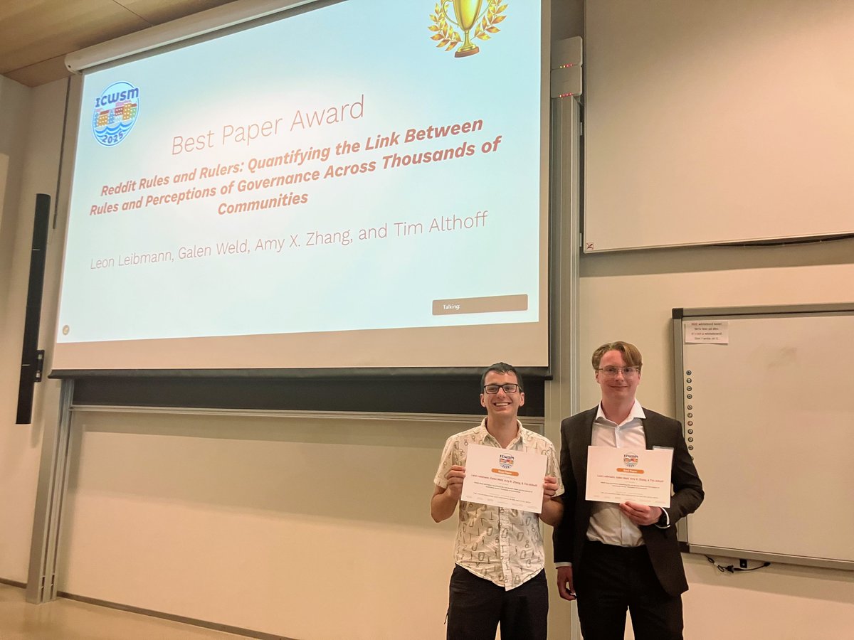 Super surprised and honored to receive the single Best Paper award 🏆 at #ICWSM this year (out of 138 papers) for my work with Leon Leibmann, <a href="/amyxzh/">Amy Zhang</a>, and <a href="/timalthoff/">Tim Althoff</a> on Reddit Rules! 🎊
