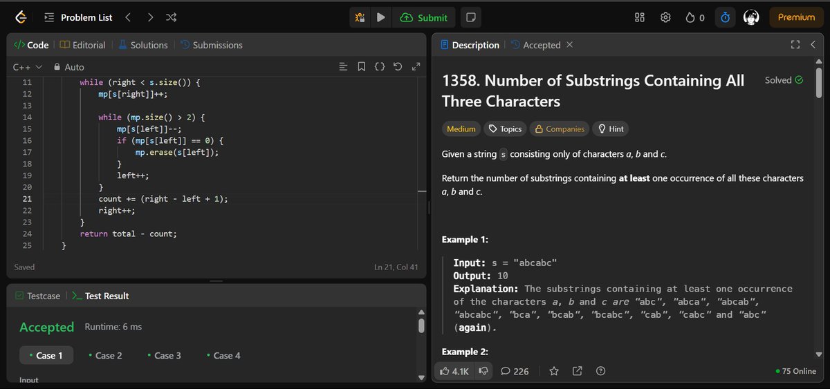 B_Furqan07's tweet image. ✅ Day 118 — Solved Substrings with a, b &amp;amp; c
🔤 Goal: Count substrings that include all three characters
🪟 Approach: Total substrings - invalid ones (sliding window + map)
🚀 Accepted in 6ms
#LeetCode #SlidingWindow #100DaysOfCode #C++