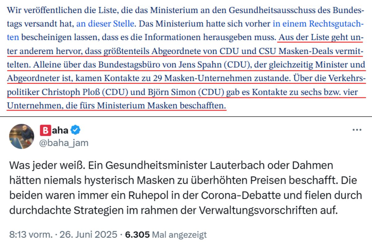 Zur Erinnerung, weil es vielleicht nicht mehr jeder weiß: Nicht Lauterbach, nicht Dahmen, nicht die Grünen haben sich an Maskendeals bereichert. Das war fast ausschließlich das Geschäftsmodell von CDU und CSU.