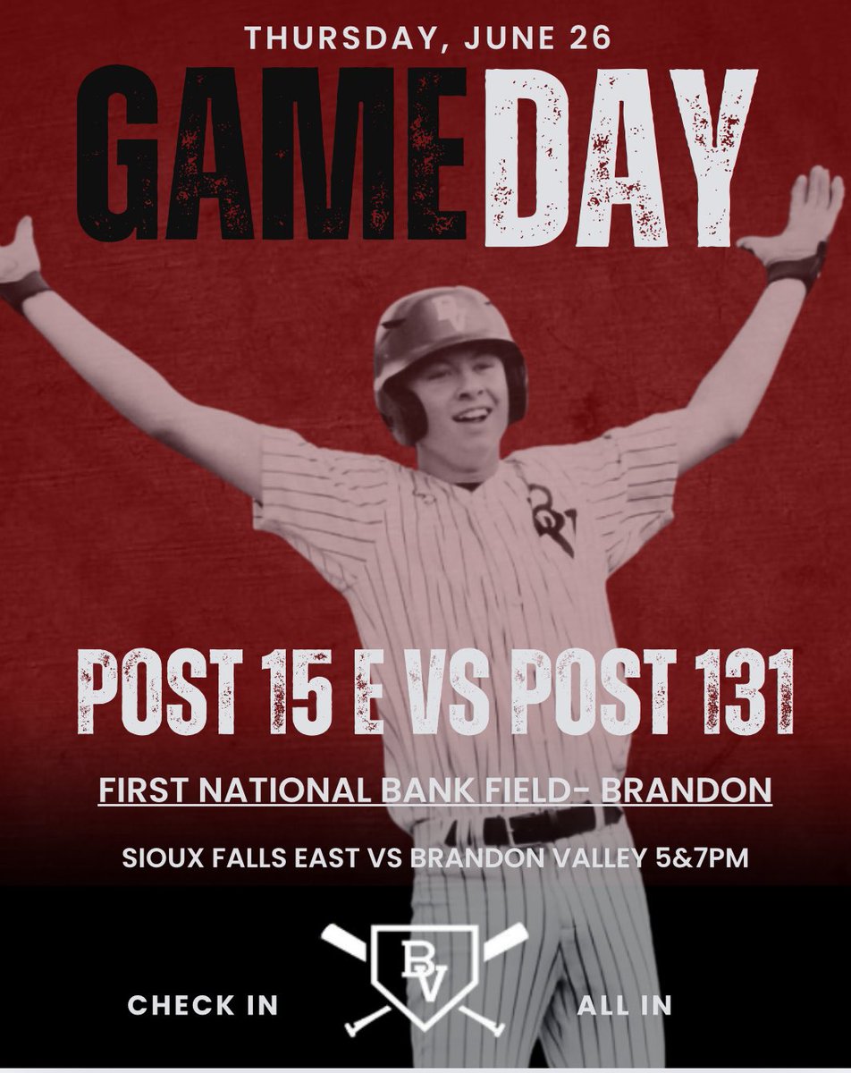 🚨GAME DAY!🚨

Post 131 host a Thursday Night Doubleheader at 5:00pm and 7:00pm

📍Aspen Park, FNB Field
🆚 Sioux Falls Post 15 East

CHECK IN - ALL IN