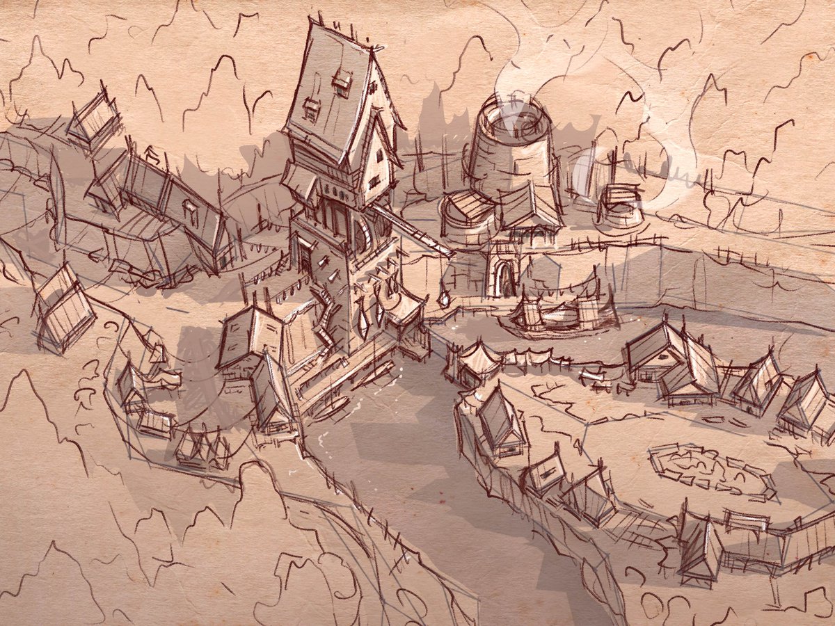 smitchellmaps's tweet image. Silverfin village sketch - exploring more interesting variations of line art and coloring.
I used quick 3D SketchUp sketch and paint it over in Procreate.