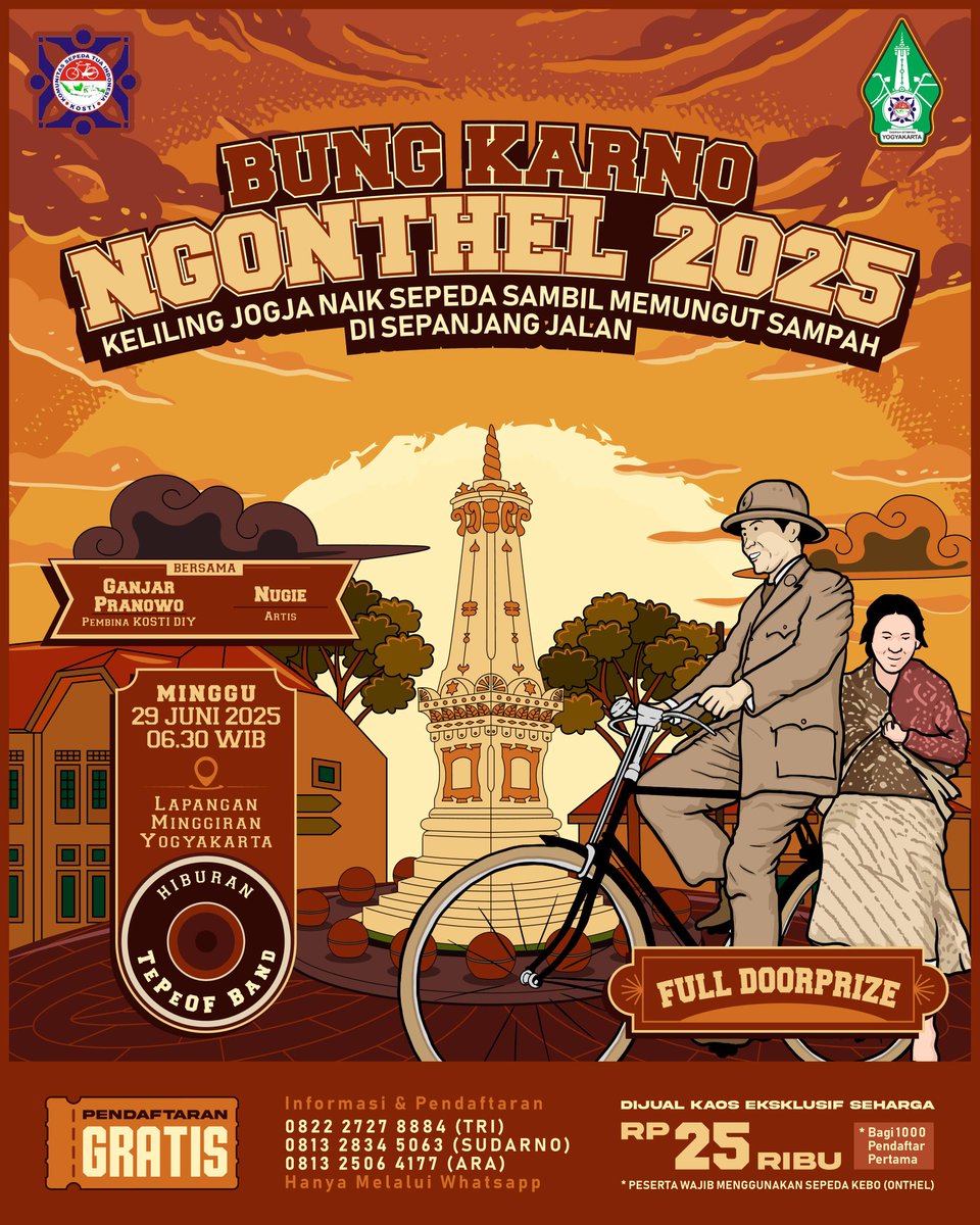 HUREM (@ghurem2) on Twitter photo Yuk ramaikan
Gelar Bung Karno Ngonthel 2025 bersama <a href="/ganjarpranowo/">Ganjar Pranowo</a>
Dengan tema : Prana Jagat Kerthi yang bermakna kekuatan untuk menciptakan dunia yang lebih baik.
Ngonthel 2025 yang akan di selenggarakan pada, Minggu (29/6/2025 )di Lapangan Minggiran Jogja. Yuk ramaikan
Gelar Bung Karno Ngonthel 2025 bersama <a href="/ganjarpranowo/">Ganjar Pranowo</a>
Dengan tema : Prana Jagat Kerthi yang bermakna kekuatan untuk menciptakan dunia yang lebih baik.
Ngonthel 2025 yang akan di selenggarakan pada, Minggu (29/6/2025 )di Lapangan Minggiran Jogja.