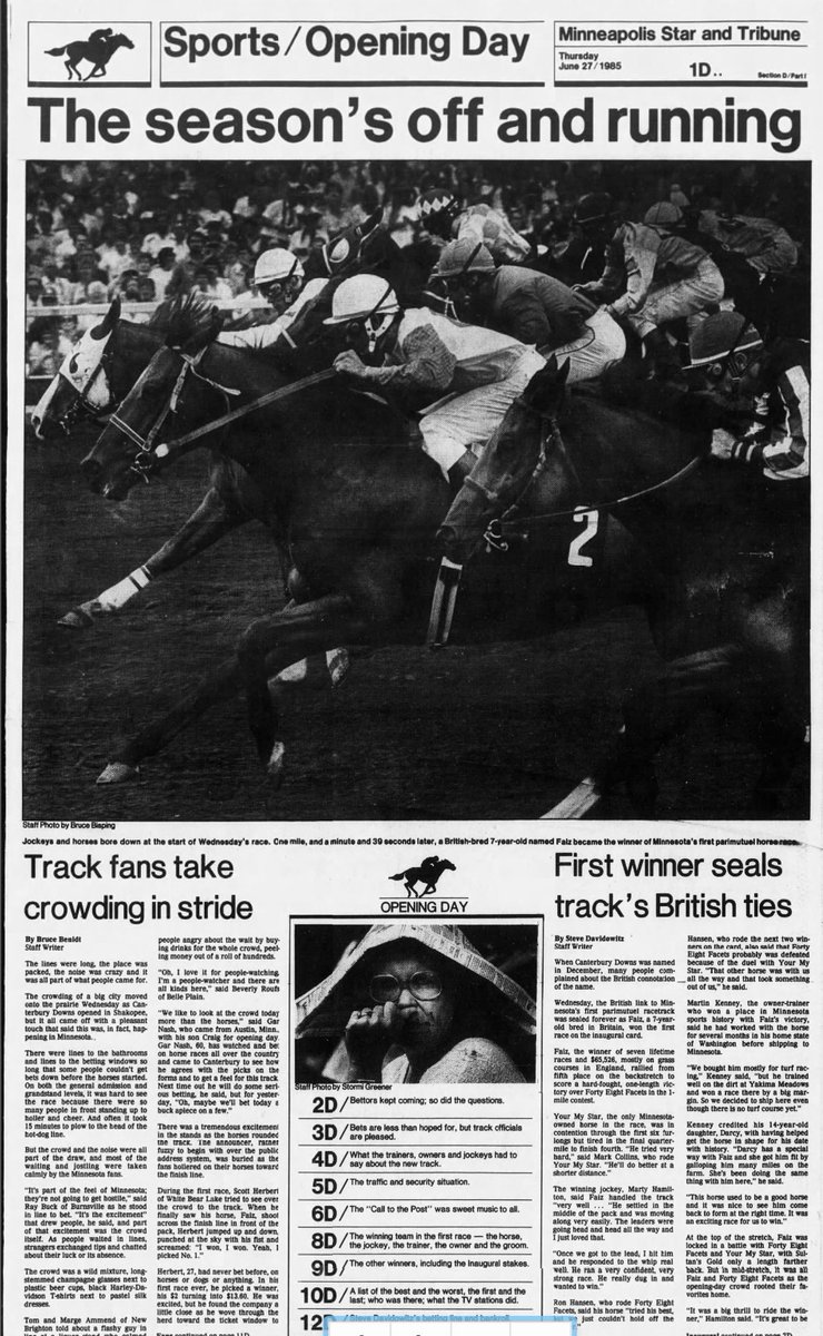 RileyGrannan's tweet image. 40 years ago today - Wednesday, June 26, 1985 - opening of Canterbury Downs (now @CanterburyPark) in Shakopee, MN. Runners on opening card from @nmrhof stables of Bill Mott, Carl Nafzger, & Jack Van Berg (3 wins on day) with Mike Smith & Ron Hansen (3 wins) among jockey colony.
