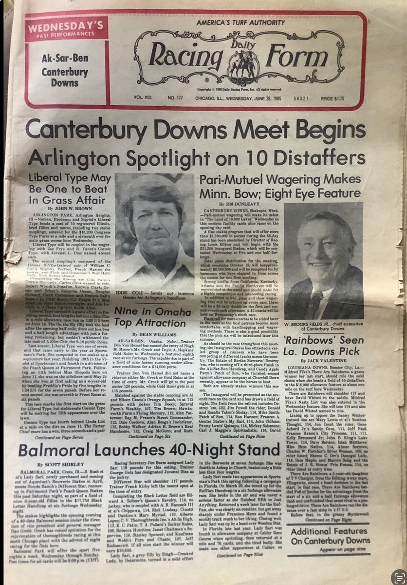 RileyGrannan's tweet image. 40 years ago today - Wednesday, June 26, 1985 - opening of Canterbury Downs (now @CanterburyPark) in Shakopee, MN. Runners on opening card from @nmrhof stables of Bill Mott, Carl Nafzger, & Jack Van Berg (3 wins on day) with Mike Smith & Ron Hansen (3 wins) among jockey colony.