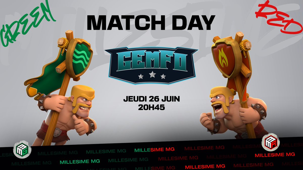 🔥 MATCH AU SOMMET EN APPROCHE !

Ne manquez pas l'affrontement épique entre 
 #Millesime_GREEN et #Millesime_RED ! ⚔️
2 équipes, 1 seule ambition : la victoire ! 🏆

#Gemfo
📅 20H45
📍YT #Goulouloucoc

Venez encourager nos équipes et vivre un moment de sport intense !
#MFC #MMG