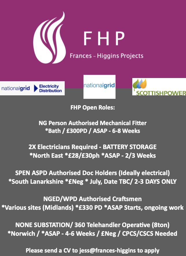 FrancesLtd's tweet photo. Current contract roles with FHP! Please see below and contact : Jess@frances-higgins.co.uk for further information!
Thank you.
#hv #substation #work #contract #nationalgrid #agency #spen #nged https://t.co/SI7GOK8rjs