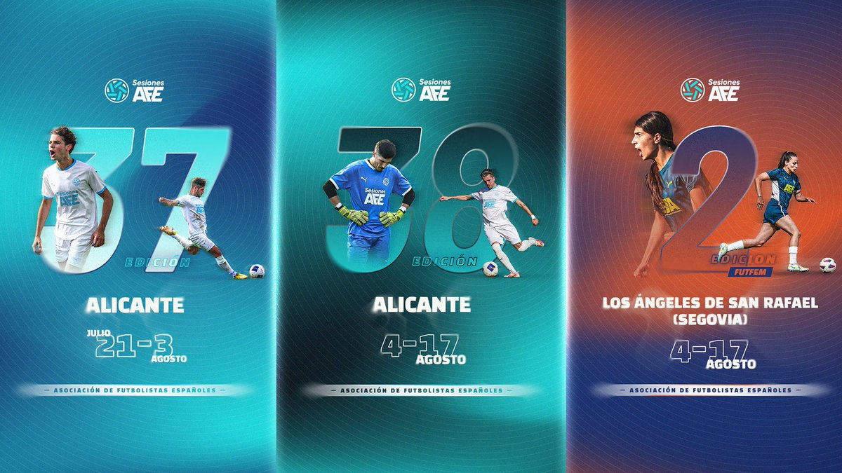 📢 Abiertas las inscripciones para Sesiones AFE

👟Masculinas
🔹 Ed. 37: 21 jul - 3 ago | Inscripción hasta 16/7
🔹 Ed. 38: 4 - 17 ago | Inscripción hasta 30/7
📍 Hotel Bonalba (Alicante)

👟 Femenina
🔹 2ª edición: 4 - 17 ago | Inscripción hasta 30/7
📍 Los Ángeles de San Rafael