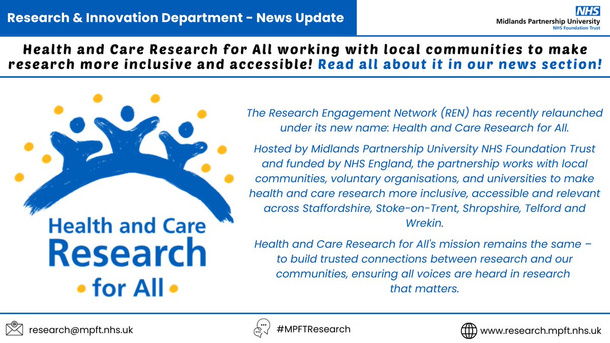 MPFTResearch's tweet image. The #Research Engagement Network (REN) has relaunched with a new name: Health & Care Research for All: mpft.nhs.uk/working-here/r…
The mission: To build trusted connections between research & our communities, ensuring all voices are heard in research that matters!
#MPFTResearch
