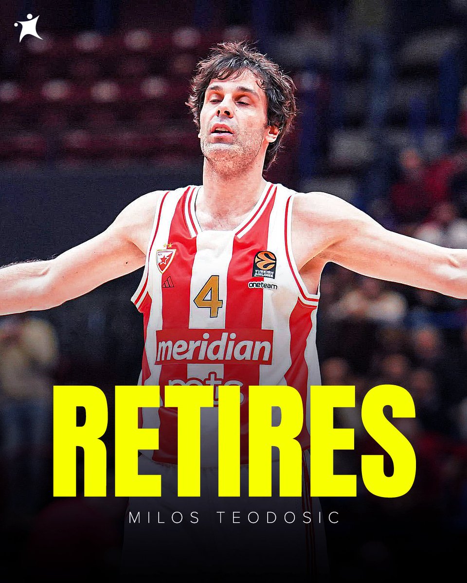Milos Teodosic announces his retirement from basketball after a legendary run 🥹

EuroBasket Silver: 2009 🥈
World Cup Silver: 2014 🥈
Olympic Silver: 2016 Rio Game 🥈
EuroLeague champion 🏆
EuroLeague MVP 2010 🌟
EuroCup champions 🏆