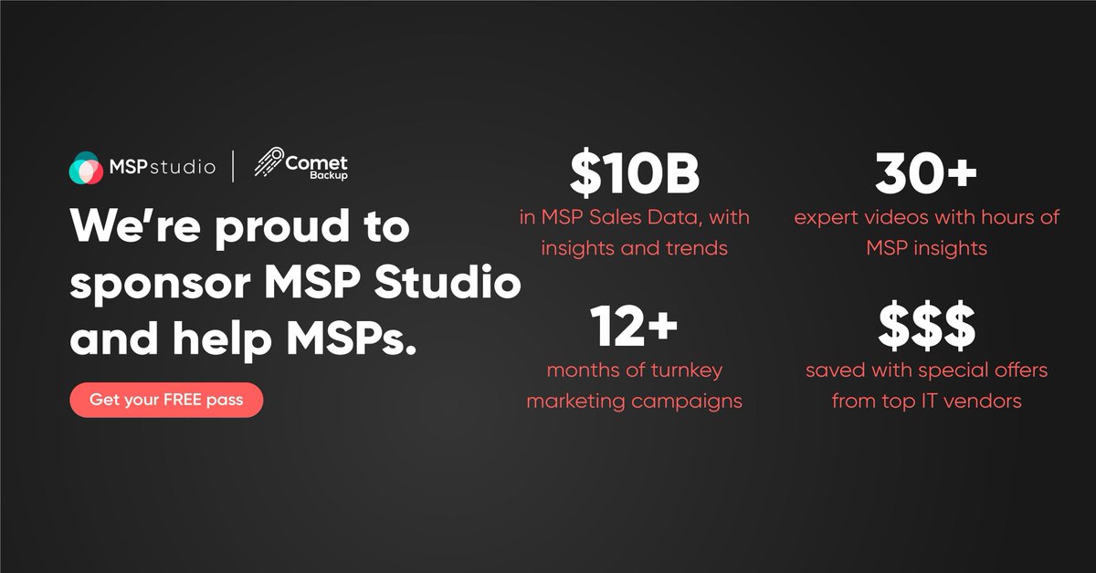 Comet Backup (@cometbackup) on Twitter photo ๐ We're proud supporters of MSP Studio, the ultimate resource hub designed to empower MSPs to grow, optimize and thrive. Have you tried it yet?
Discover the FREE resource hub for MSPs ๐
Get your pass today ๐๐ฝ buff.ly/L0oE4eP
#MSPstudio #MSPs <a href="/meetgradient/">Gradient MSP</a> ๐ We're proud supporters of MSP Studio, the ultimate resource hub designed to empower MSPs to grow, optimize and thrive. Have you tried it yet?
Discover the FREE resource hub for MSPs ๐
Get your pass today ๐๐ฝ buff.ly/L0oE4eP
#MSPstudio #MSPs <a href="/meetgradient/">Gradient MSP</a>