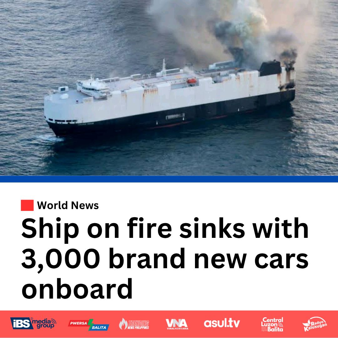 iBSMediaPh's tweet image. A cargo ship carrying 3,000 brand new cars to Mexico has sunk in Alaska after weeks of burning at sea. Sayang! Kalikasan at negosyo parehong apektado.
#MorningMidas #ShipSinking #AlaskaFire #IBSMedia
IBS Media