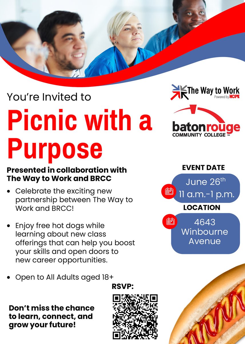 MyBRCC's tweet image. 📣Happening Today!!!
Join #MyBRCC and @way_sustainable Workforce Solutions for Picnic with a Purpose. An informative community event to help you learn, connect, and grow your skills for a brighter future! There’s still time to register: rb.gy/5itjiu!
📍@hopebatonrouge…