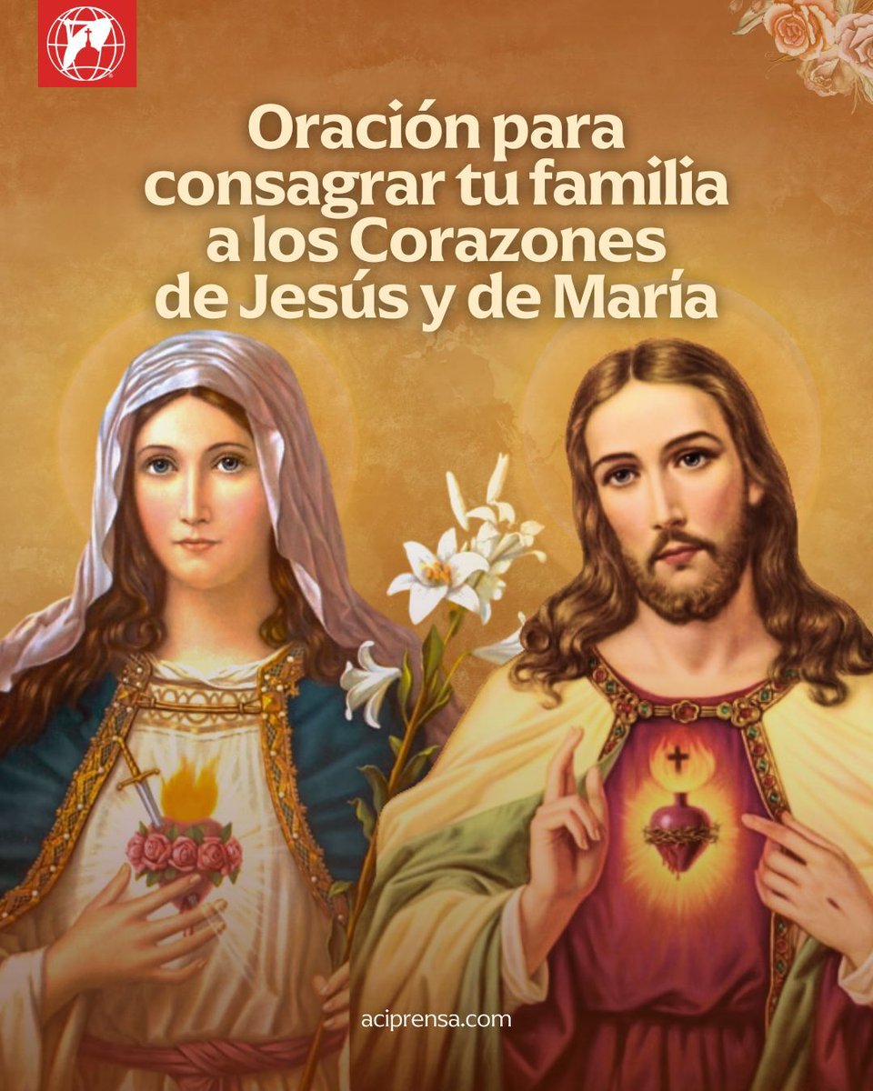 aciprensa's tweet photo. Con motivo de la fiesta del Sagrado Corazón de Jesús, a celebrarse este viernes 27 de junio, te compartimos una oración para que consagres a tu familia a los Santísimos Corazones del Señor Jesús y de la Virgen María.

En junio de 1675, mediante una serie de revelaciones, Jesús le pidió a Santa Margarita María de Alacoque que “el primer viernes después de la octava del Corpus Christi se celebre una fiesta especial para honrar a mi Corazón”.

Además, Jesús le solicitó “que se comulgue dicho día para pedirle perdón y reparar los ultrajes por Él recibidos durante el tiempo que ha permanecido expuesto en los altares”.

En sus escritos, Santa Margarita nos dejó como legado una serie de enseñanzas de Cristo, como por ejemplo que “sólo el corazón humilde puede entrar en el Sagrado Corazón de Jesús, conversar con Él, amarle y ser amado de Él”.

Asimismo, el Señor le pidió a Santa Margarita de Alacoque que proclame al mundo las 12 promesas que concedería a los devotos que se consagren a su Sagrado Corazón. Entre ellas, Cristo prometió poner paz en las familias y asistir a cada uno de sus hijos en la vida y al morir.

Por esta razón, muchos católicos suelen acudir a sus parroquias a fin de prepararse espiritualmente para que, llegada la fiesta del Sagrado Corazón de Jesús, consagren a sus familias a los Corazones de Jesús y de su Madre.

En esta fecha especial, que como destacó San Juan Pablo II “recuerda el misterio del Amor que Dios alberga por los hombres de todos los tiempos”, consagre a su familia a los Corazones de Jesús y María con esta oración.

Oración de consagración a los Corazones de Jesús y María
Santísimos Corazones de Jesús y María,
unidos en el amor perfecto,
como nos miráis con misericordia y cariño,
consagramos nuestros corazones,
nuestras vidas y nuestras familias a Vosotros.

Conocemos que el ejemplo bello
de vuestro hogar en Nazaret fue un modelo
para cada una de nuestras familias. 
Esperamos obtener, con vuestra ayuda,
la unión y el amor fuerte y perdurable
que os disteis.

Que nuestro hogar sea lleno de gozo.
Que el afecto sincero, la paciencia, la tolerancia
y el respeto mutuo sean dados libremente a todos.

Que nuestras oraciones
incluyan las necesidades de los otros,
no solamente las nuestras.

Y que siempre estemos cerca de los sacramentos.

Bendecid a todos los presentes
y también a los ausentes,
tantos los difuntos como los vivientes;
que la paz esté con nosotros,
y cuando seamos probados,
conceded la resignación cristiana
a la voluntad de Dios.

Mantened nuestras familias cerca
de vuestros Corazones;
que vuestra protección
especial esté siempre con nosotros.

Sagrados Corazones de Jesús y María,
escuchad nuestra oración.
Amén.