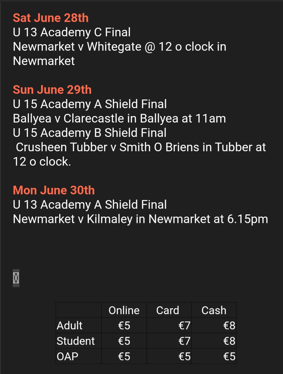 Hurling Underage CE (@hurlingunderage) on Twitter photo U13 & U15 Academy Finals
<a href="/GaaClare/">Clare Gaa</a> will be collecting an entrance fee to these finals
Reminder to email your team details for the on-line programmes
Best of luck
<a href="/NOFGAA/">Newmarket on Fergus GAA</a> <a href="/whitegategaa/">Whitegate GAA</a> <a href="/ballyea_club/">Ballyea GAA Club</a> <a href="/ClarecastleGAA/">Clarecastle GAA, Camogie & Ladies Football Club</a> <a href="/CrusheenGaa/">Crusheen GAA Club</a> <a href="/TubberGaa/">Tubber Gaa</a> <a href="/KilmaleyGAA/">Kilmaley GAA Club</a>
clare.gaa.ie/tickets/ U13 & U15 Academy Finals
<a href="/GaaClare/">Clare Gaa</a> will be collecting an entrance fee to these finals
Reminder to email your team details for the on-line programmes
Best of luck
<a href="/NOFGAA/">Newmarket on Fergus GAA</a> <a href="/whitegategaa/">Whitegate GAA</a> <a href="/ballyea_club/">Ballyea GAA Club</a> <a href="/ClarecastleGAA/">Clarecastle GAA, Camogie & Ladies Football Club</a> <a href="/CrusheenGaa/">Crusheen GAA Club</a> <a href="/TubberGaa/">Tubber Gaa</a> <a href="/KilmaleyGAA/">Kilmaley GAA Club</a>
clare.gaa.ie/tickets/