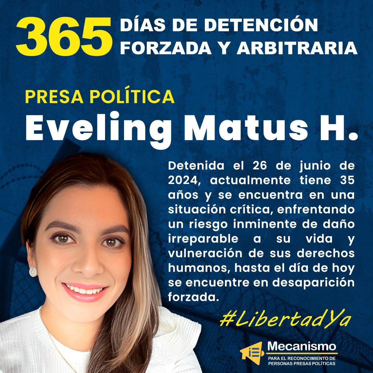 #AlcemosLaVoz | Eveling Matus cumple 365 días de detención arbitraria y desaparición forzada. Su vida corre grave riesgo, sus derechos son vulnerados y permanece en condiciones inhumanas. ¡Exigimos prueba de vida y su libertad inmediata! #LibertadYa #SOSNicaragua