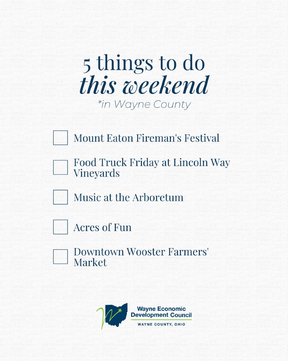 Need something to do this weekend? 

There's always something fun in Wayne County!

What are your weekend plans? 👀

#WayneCountyOH #WayneCounty #Wooster #WoosterOhio #WEDC #WeekendPlans #ThingsToDoNearMe #northeastohioregion