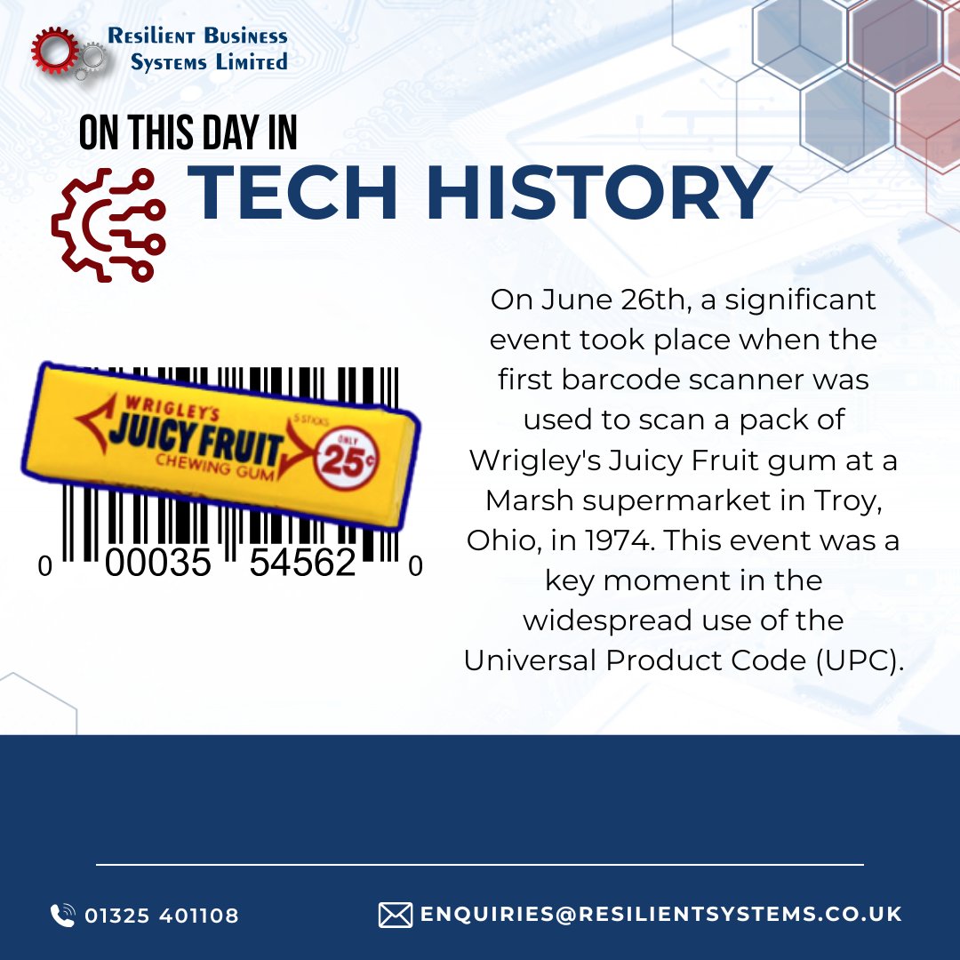 Resilient Business Systems Ltd (@resilientsystem) on Twitter photo On this day in Tech history we celebrate the 51st scan-niversary of the first ever use of the Universal Product Code (UPC). This was used in Troy, Ohio in 1974 on a pack of Wrigley's Juice Fruit gum π¬
#technology #itcompany #itsupport #itsolutions #onthisday #techhistory On this day in Tech history we celebrate the 51st scan-niversary of the first ever use of the Universal Product Code (UPC). This was used in Troy, Ohio in 1974 on a pack of Wrigley's Juice Fruit gum π¬
#technology #itcompany #itsupport #itsolutions #onthisday #techhistory