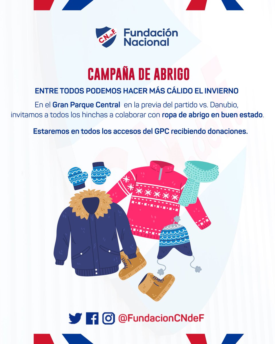 🧣 ¡Este domingo tu solidaridad abriga!

En la previa vs. Danubio, acercá ropa de abrigo en buen estado al Gran Parque Central.

📍 Estaremos en todos los accesos recibiendo donaciones.

¡Hagamos más cálido el invierno!