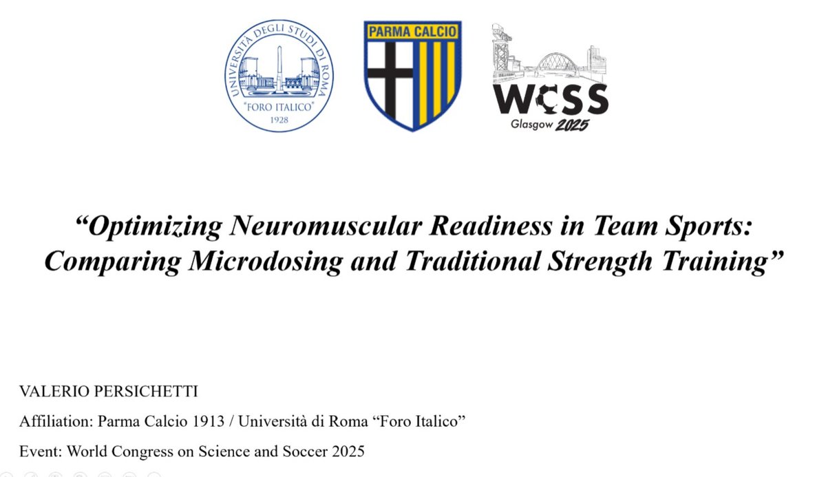 Valerio Persichetti (@valepersico93) on Twitter photo Last week, I had the pleasure of presenting my first PhD study on strength microdosing at <a href="/WCSS2025/">WCSS2025</a>
It was a truly exciting and emotional experience to take my first steps into the world of scientific research.
Thanks to the research team, to Parma Calcio 1913 and "Foro Italico" Last week, I had the pleasure of presenting my first PhD study on strength microdosing at <a href="/WCSS2025/">WCSS2025</a>
It was a truly exciting and emotional experience to take my first steps into the world of scientific research.
Thanks to the research team, to Parma Calcio 1913 and "Foro Italico"