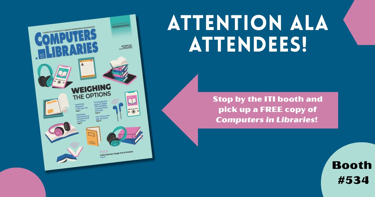 LibPubs's tweet image. Hey. If you&apos;re going to #ALA25 this year, stop by the Information Today, Inc. booth #534! We&apos;re offering a free sample of our periodicals and the chance to win a $100 Visa gift card! #ALAAC25. #librarians #Philadelphia #libraryconference #ALAAC25 ow.ly/sQB930sNvyH