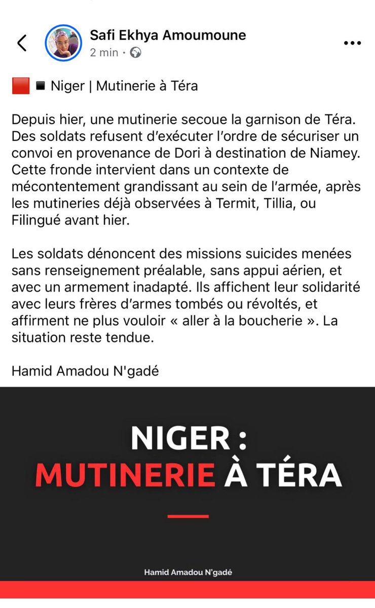 Bientôt aucun soldat n’acceptera d’être envoyé combattre sans armes lourdes , équipements adéquats , soutien aérien!
Il est inadmissible que des généraux détournent des milliards sans équiper nos FDS, pendant que ces braves hommes et femmes sur le front servent de chaire à canon!