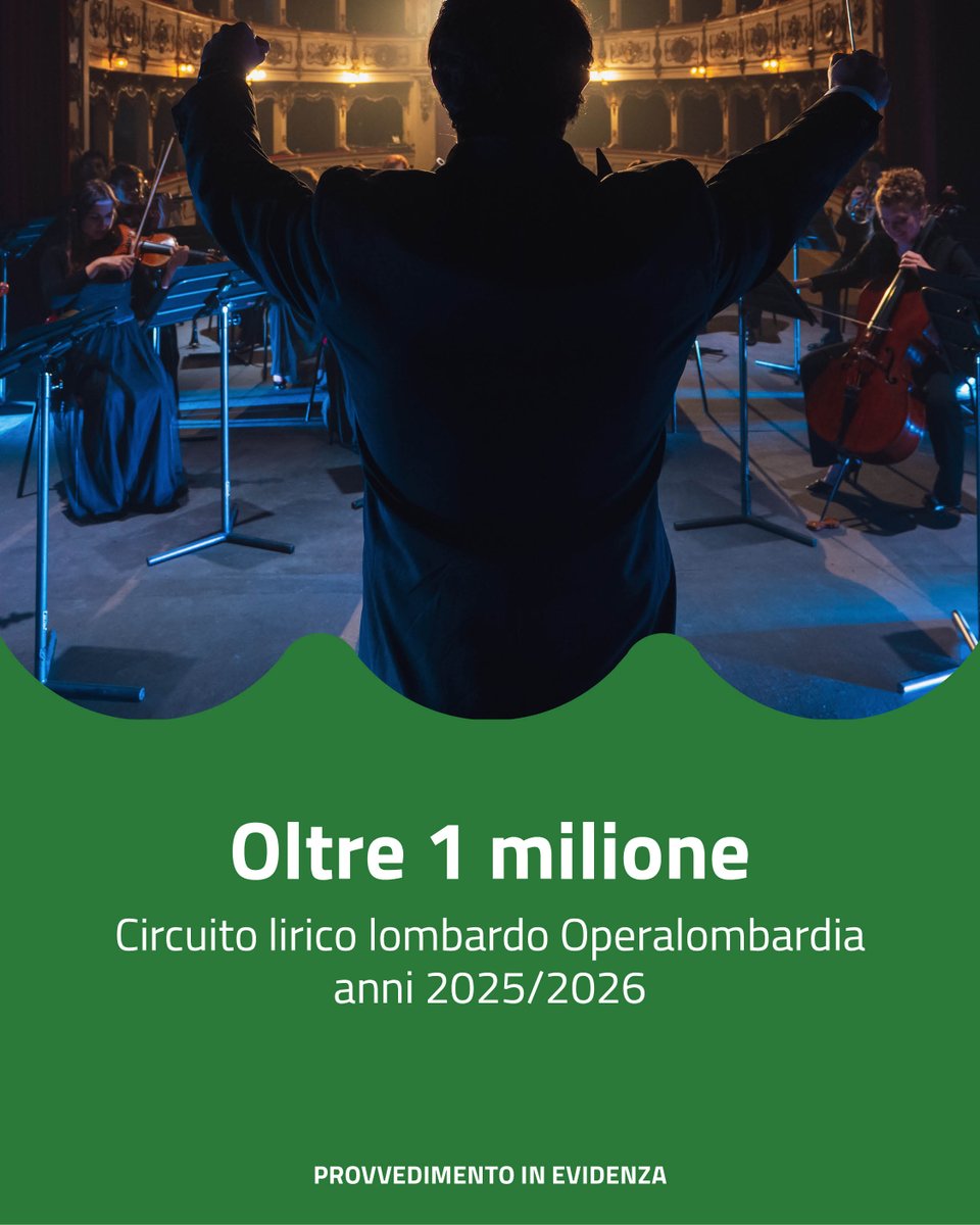 🎭 Regione Lombardia stanzia oltre 1 milione di euro per sostenere la produzione di teatro lirico, grazie alla collaborazione tra cinque Teatri di Tradizione, un'Istituzione Concertistico Orchestrale e la Fondazione Lirico-Sinfonica della Lombardia. 
reglomb.it/pcfo50WgxMi