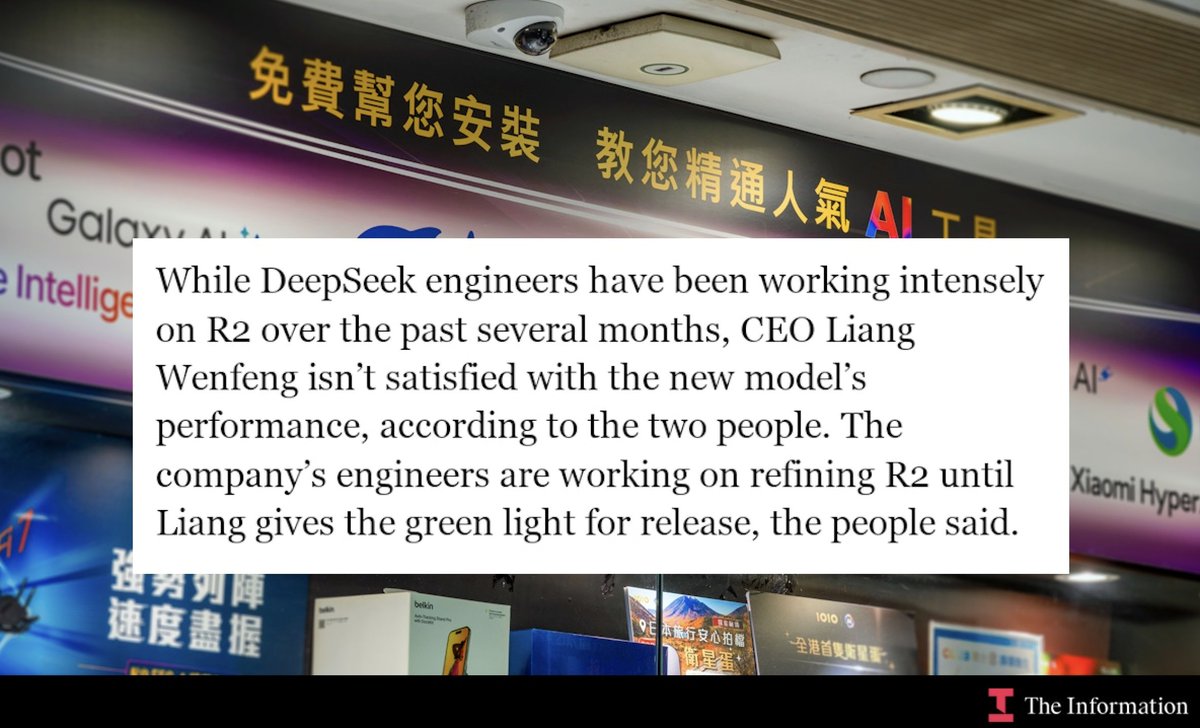 DeepSeek r2 delayed - CEO is dissatisfied with the quality

The launch of DeepSeek's new AI model R2 has been delayed - partly due to US export controls that restrict access to Nvidia H20 chips. These chips were crucial to the success of its predecessor R1 in China. 

As R2 is